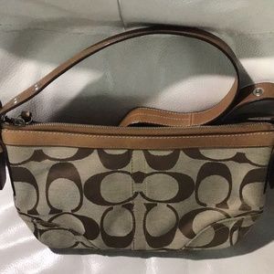 COACH Signature Khaki/Tan Canvas/Leather Convertible Strap Shoulder Bag F13080